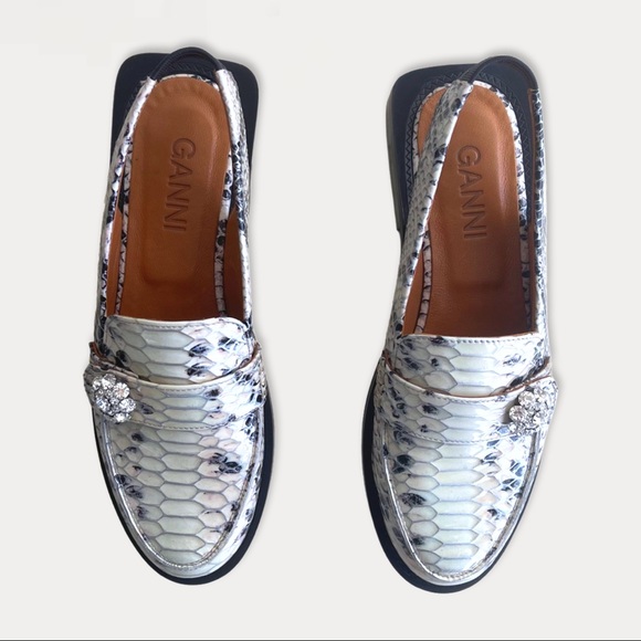 GANNI Women Crystal Embellish Snakeskin Leather Slingback Loafers (US7 /EUR37). - Picture 2 of 7